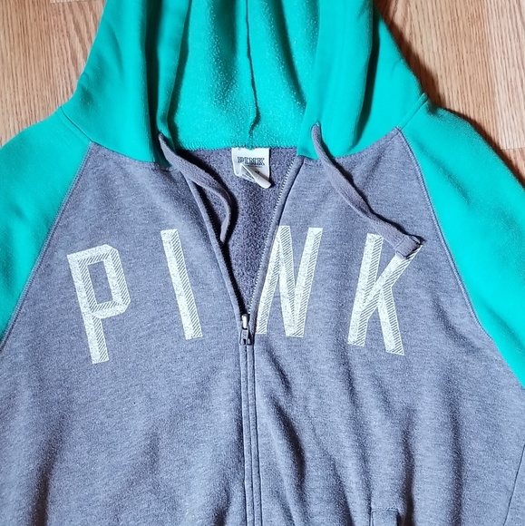 Vintage Pink Zip Up Green and Grey Hoodie - Picture 2 of 3